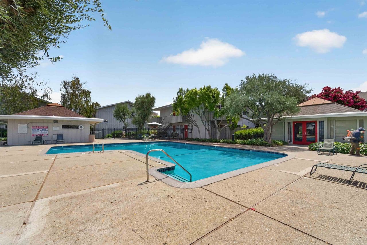 Community pool and greenery at Rengstorff